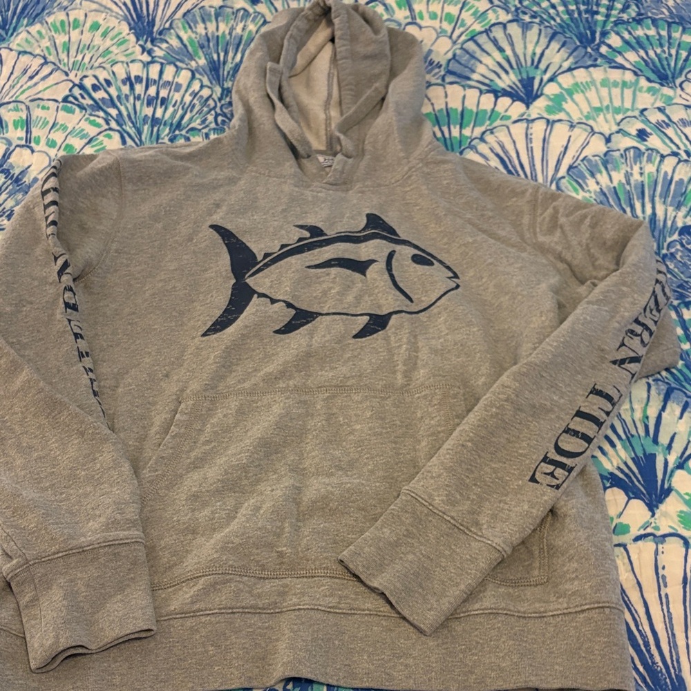 Southern Tide Gray Hooded Sweatshirt with Navy Fish Graphic - Picture 2 of 3